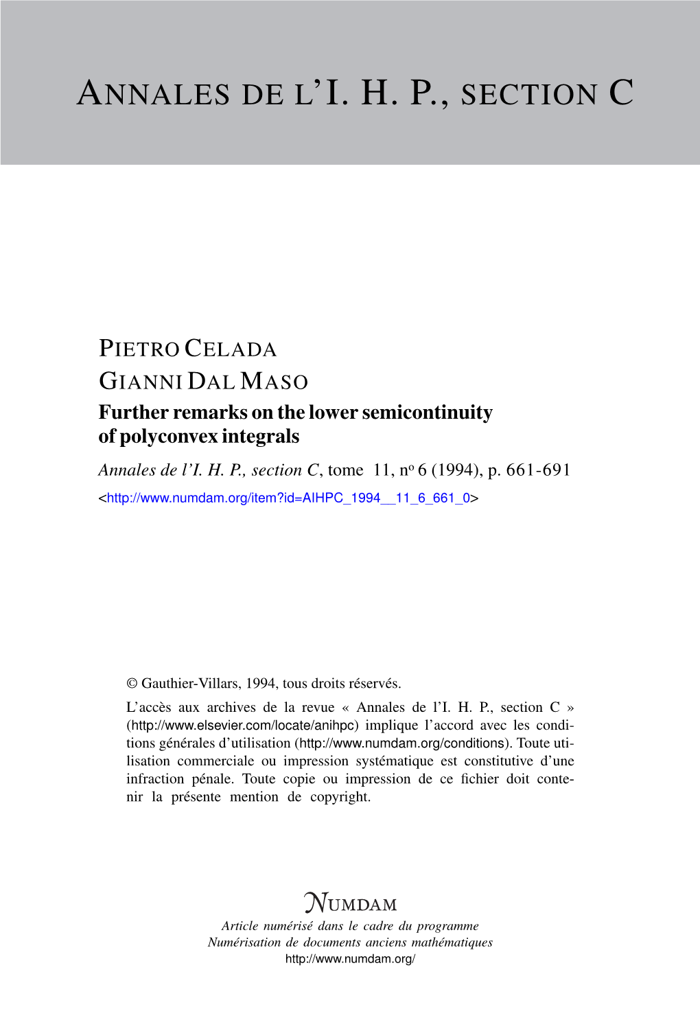 Further Remarks on the Lower Semicontinuity of Polyconvex Integrals Annales De L’I