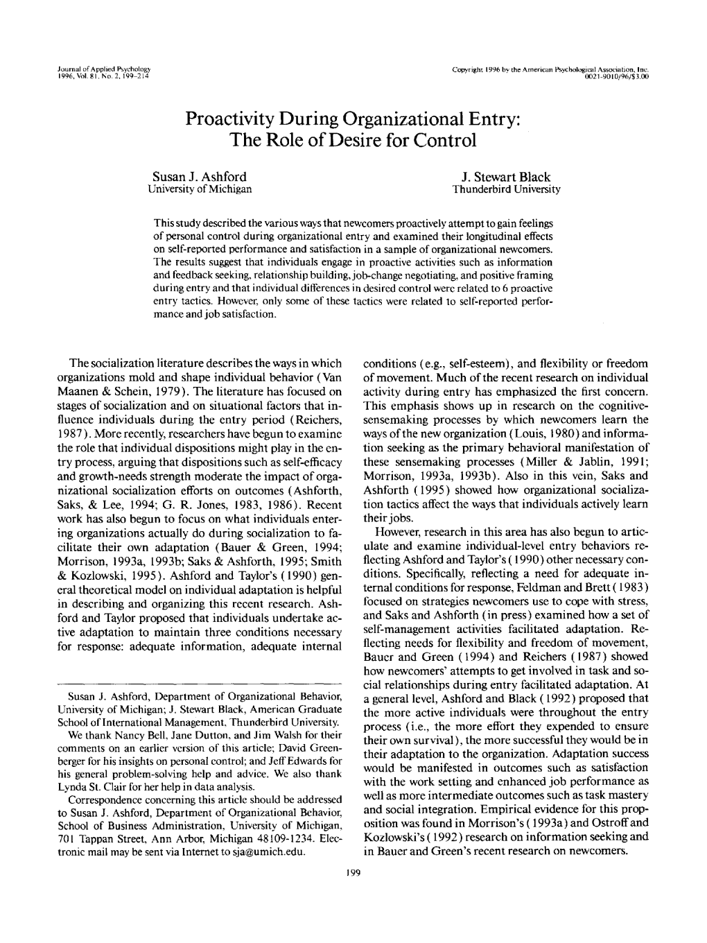 Proactivity During Organizational Entry: the Role of Desire for Control