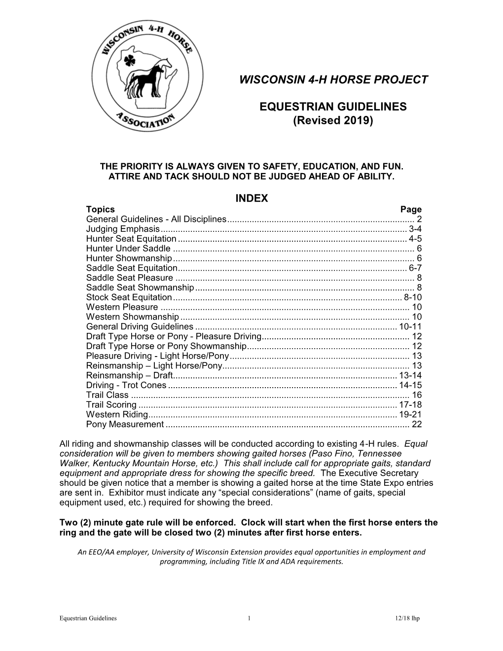 Wisconsin 4-H Horse Project Equestrian Guidelines