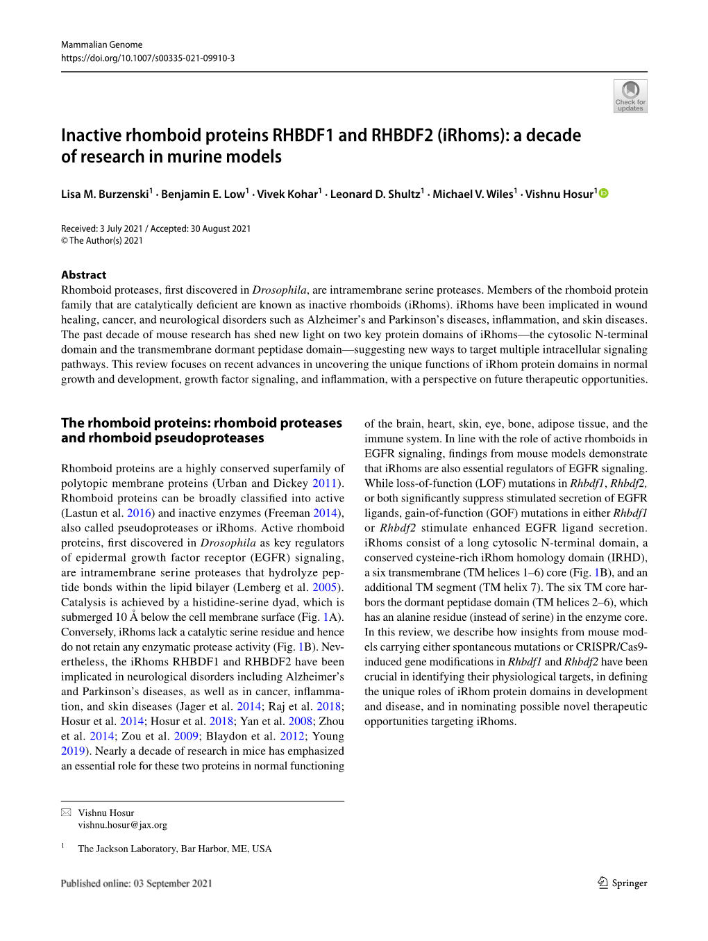 Inactive Rhomboid Proteins RHBDF1 and RHBDF2 (Irhoms): a Decade of Research in Murine Models