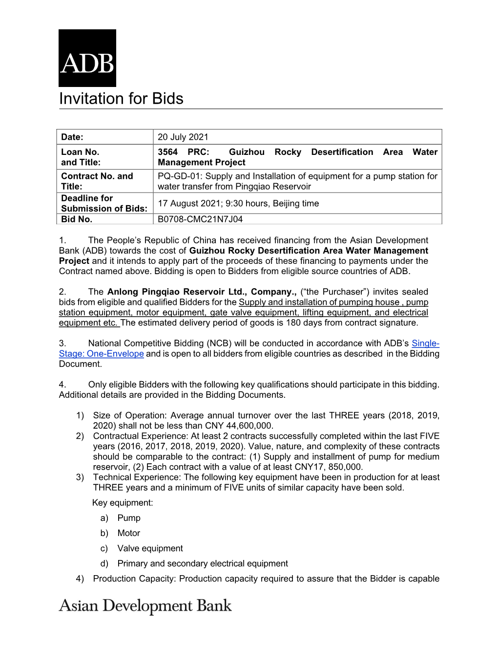 3564 PRC: Guizhou Rocky Desertification Area Water and Title: Management Project Contract No