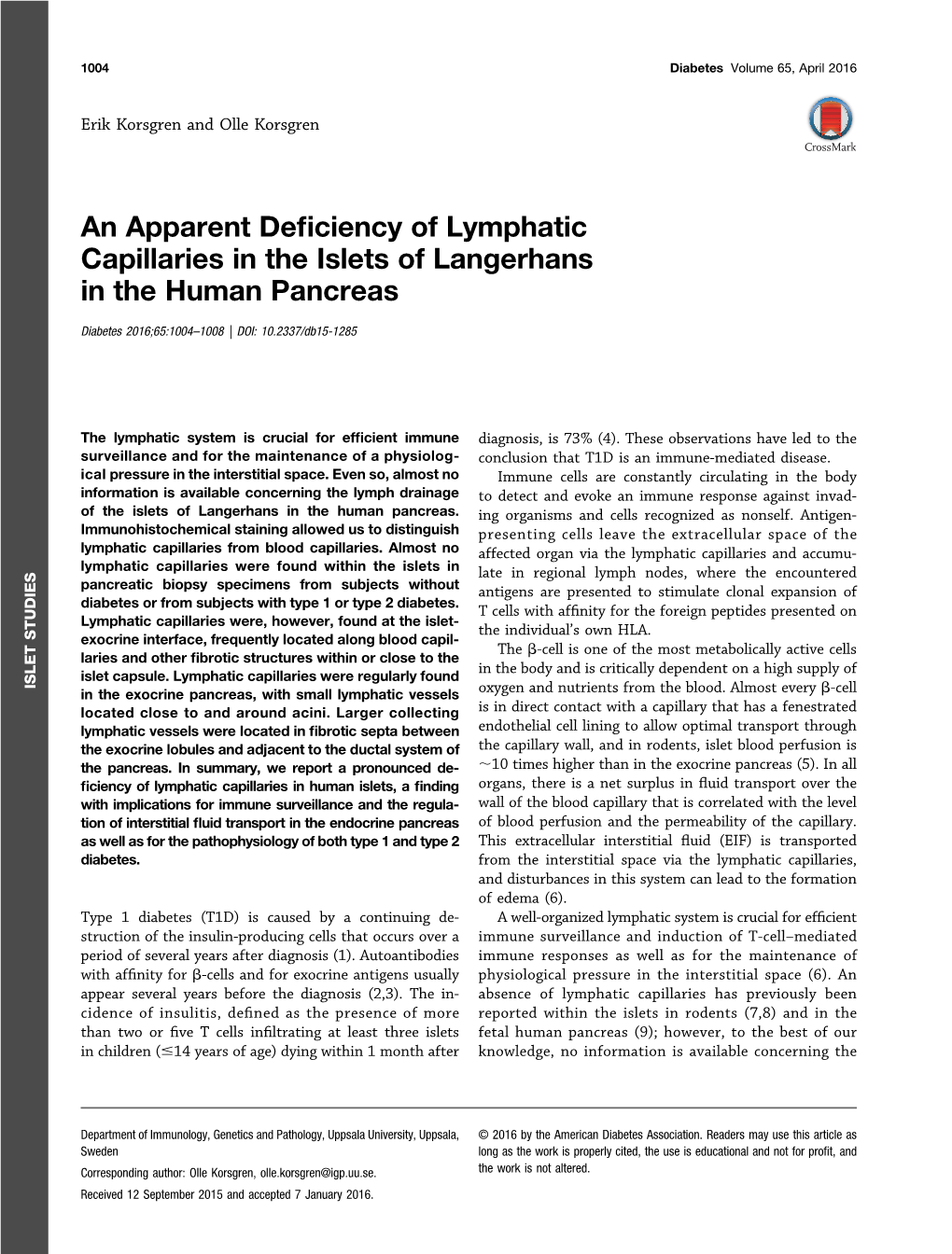 An Apparent Deficiency of Lymphatic Capillaries in the Islets Of