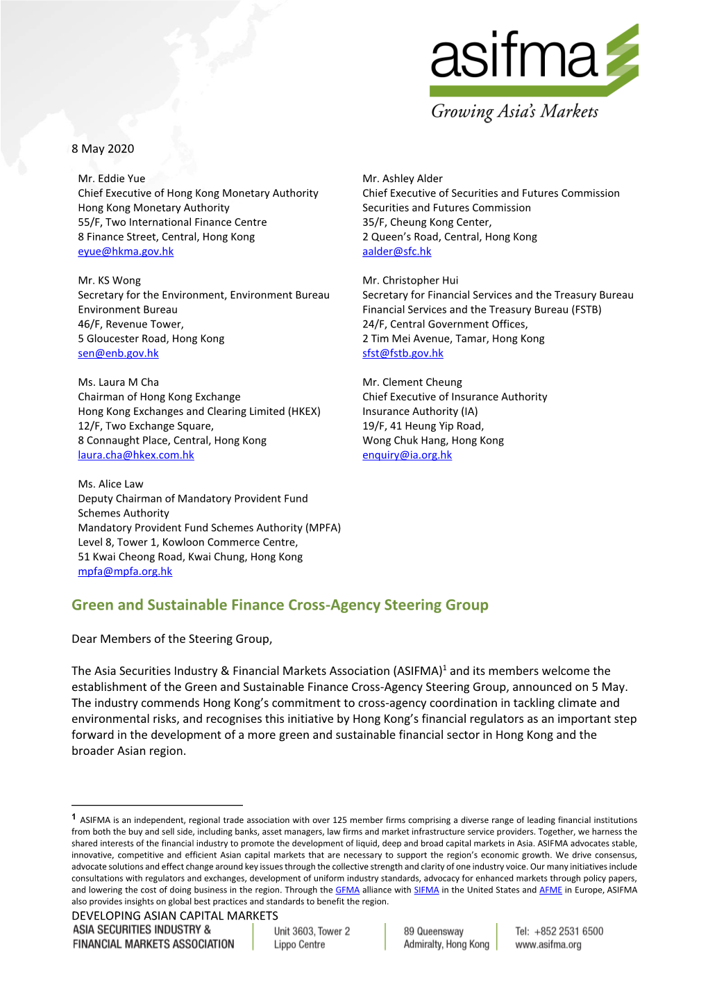 ASIFMA Letter Re Hong Kong Sustainable Finance Cross-Agency Steering Group