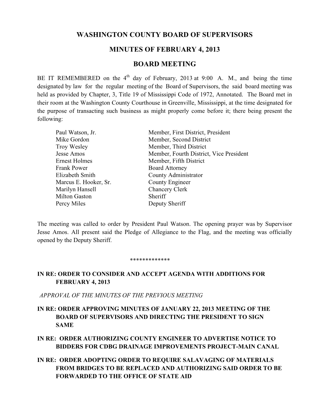 Washington County Board of Supervisors Minutes of February 4, 2013 Board Meeting