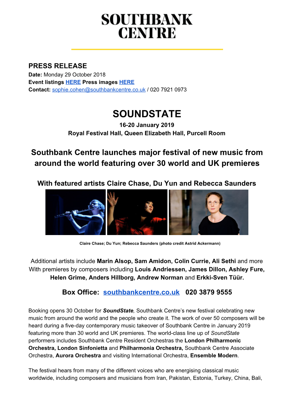 SOUNDSTATE 16-20 January 2019 Royal Festival Hall, Queen Elizabeth Hall, Purcell Room