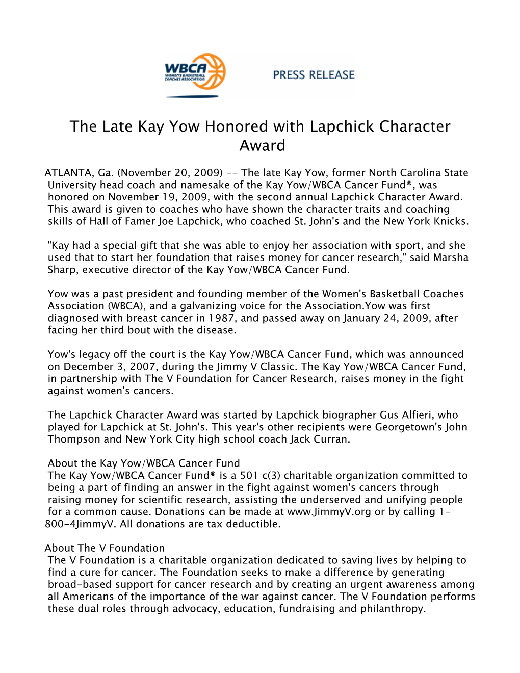 The Late Kay Yow Honored with Lapchick Character Award 2009-10 112009