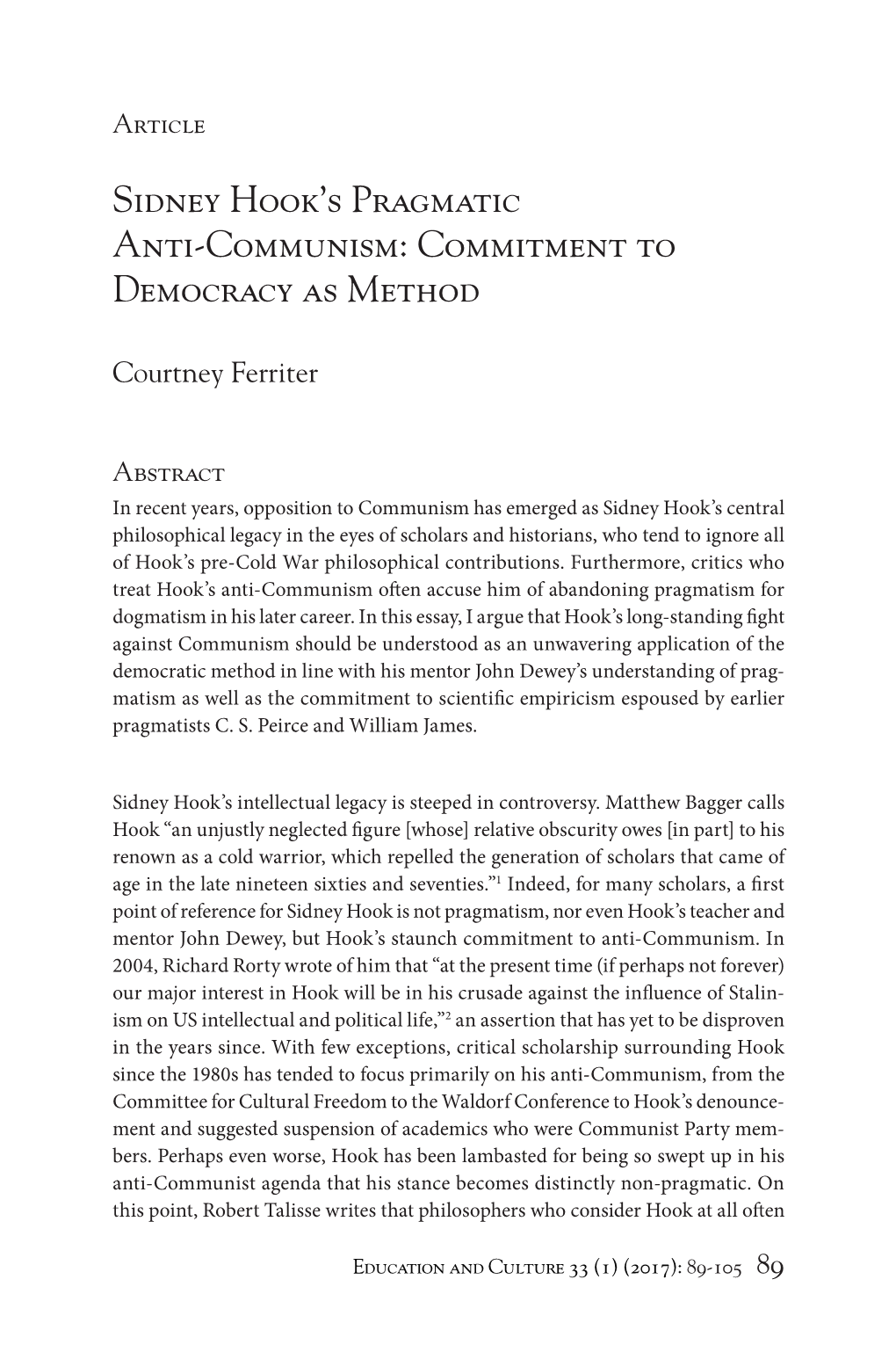 Sidney Hook's Pragmatic Anti-Communism