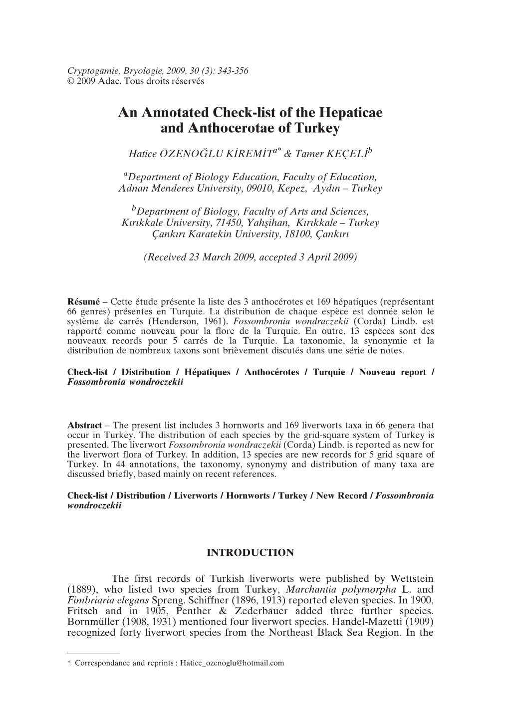 An Annotated Check-List of the Hepaticae and Anthocerotae of Turkey