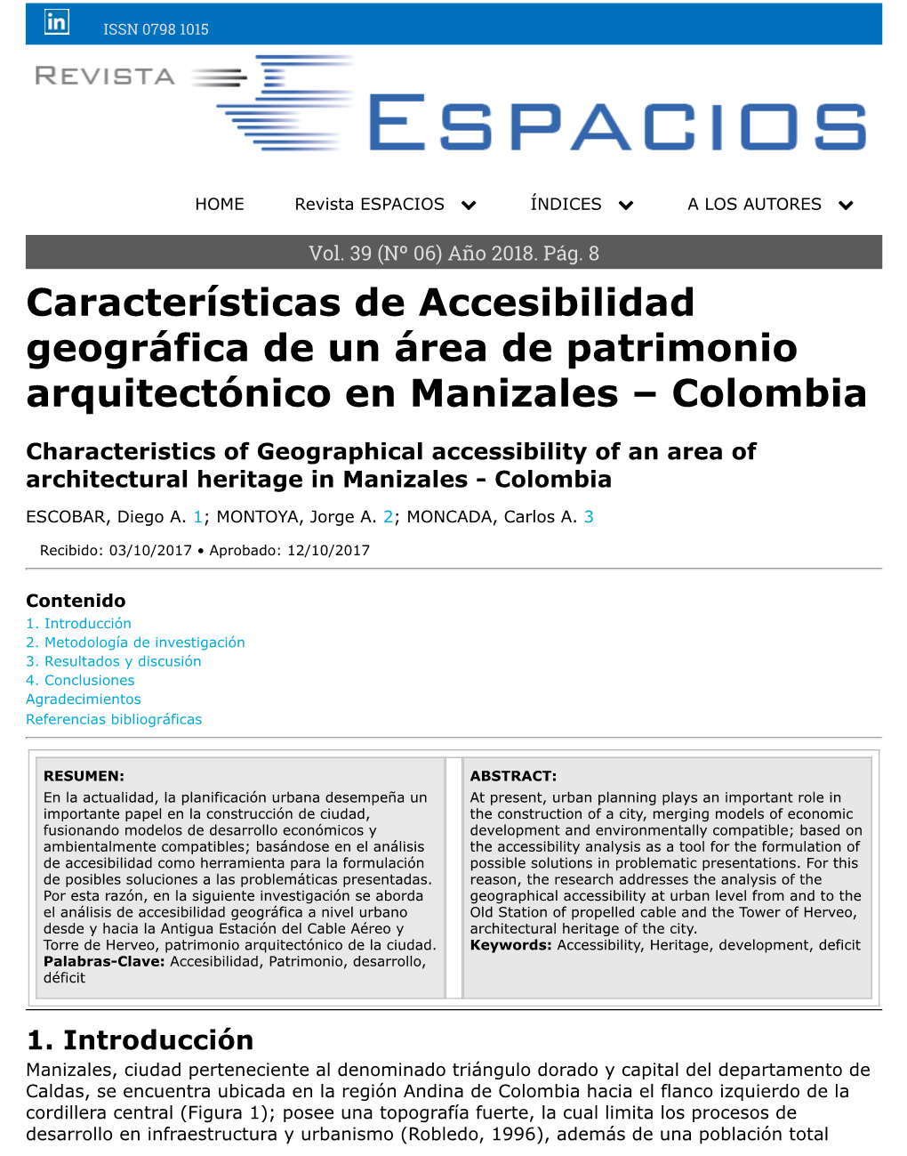 Características De Accesibilidad Geográfica De Un Área De Patrimonio Arquitectónico En Manizales – Colombia