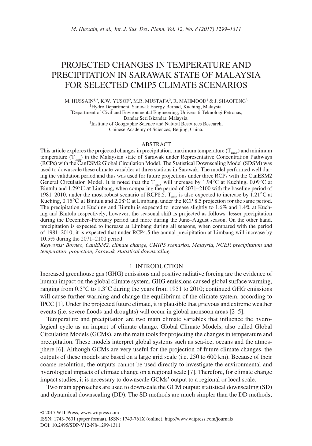 Projected Changes in Temperature and Precipitation in Sarawak State of Malaysia for Selected Cmip5 Climate Scenarios