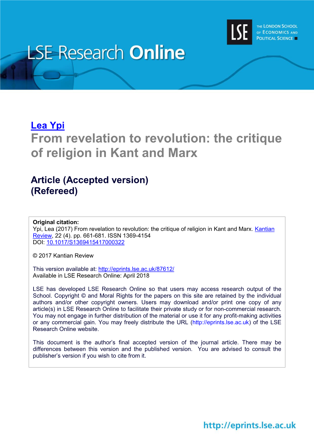 From Revelation to Revolution: the Critique of Religion in Kant and Marx