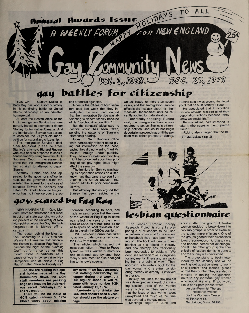 Gay Community News: December 29, 1973. Volume 1, Number 28, Annual Awards Issue