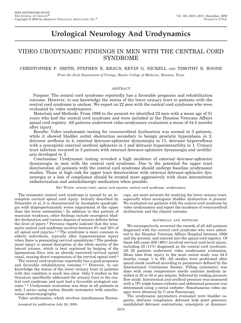 Video Urodynamic Findings in Men with the Central Cord Syndrome