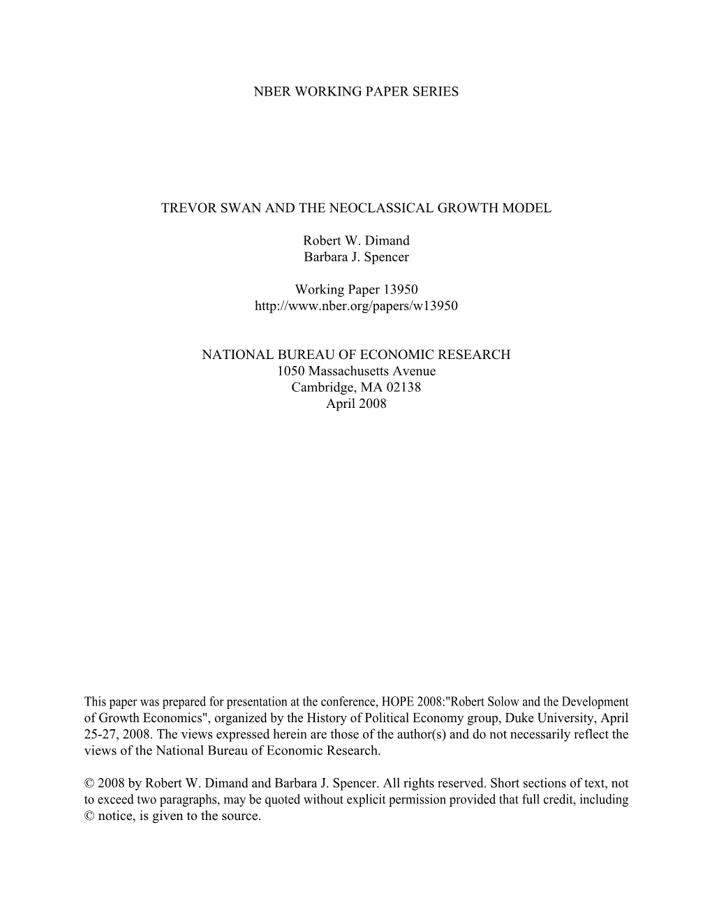 Nber Working Paper Series Trevor Swan and The