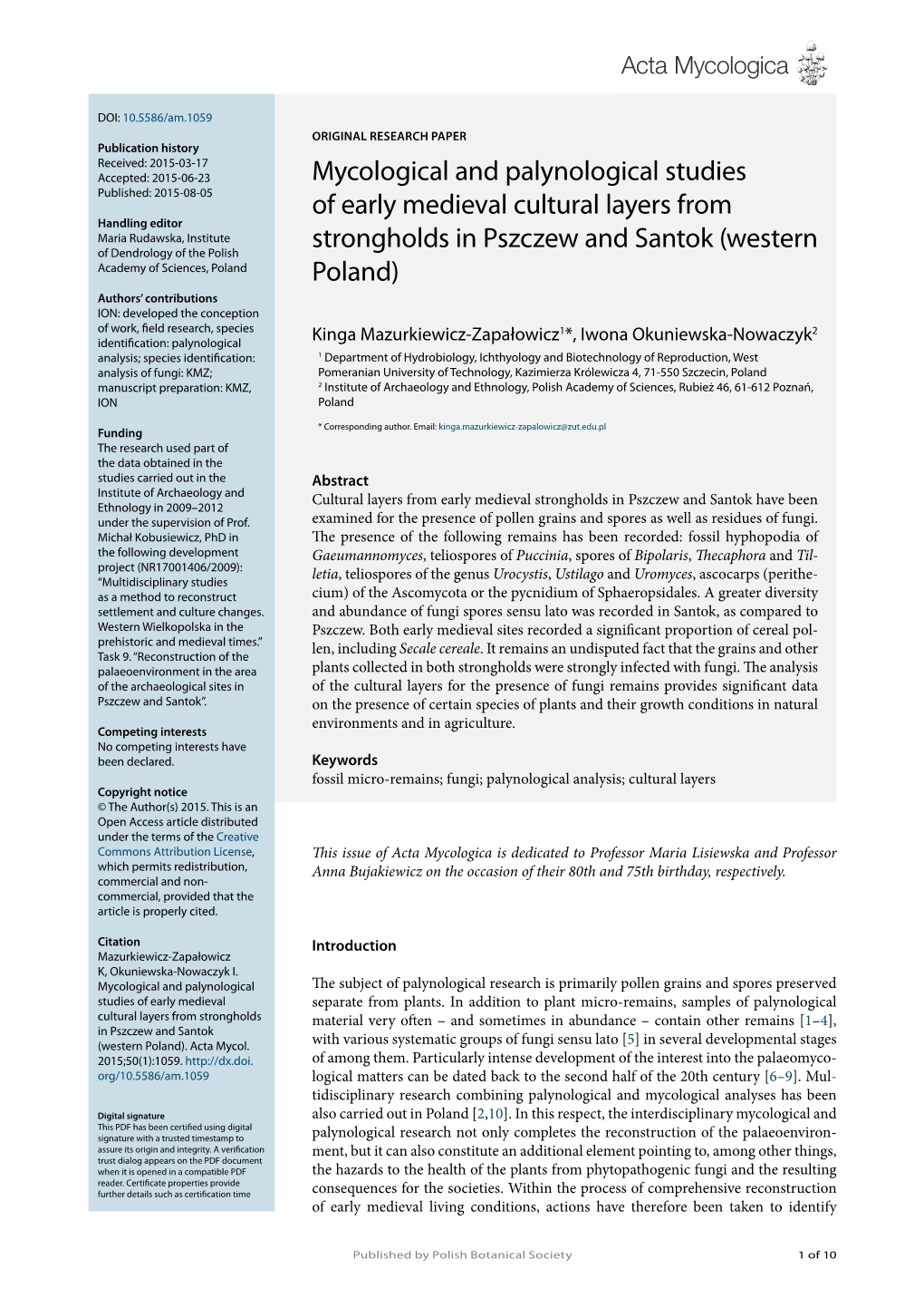 Mycological and Palynological Studies of Early Medieval Cultural Layers from Strongholds in Pszczew and Santok