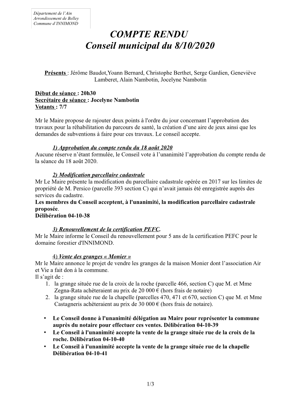 COMPTE RENDU Conseil Municipal Du 8/10/2020