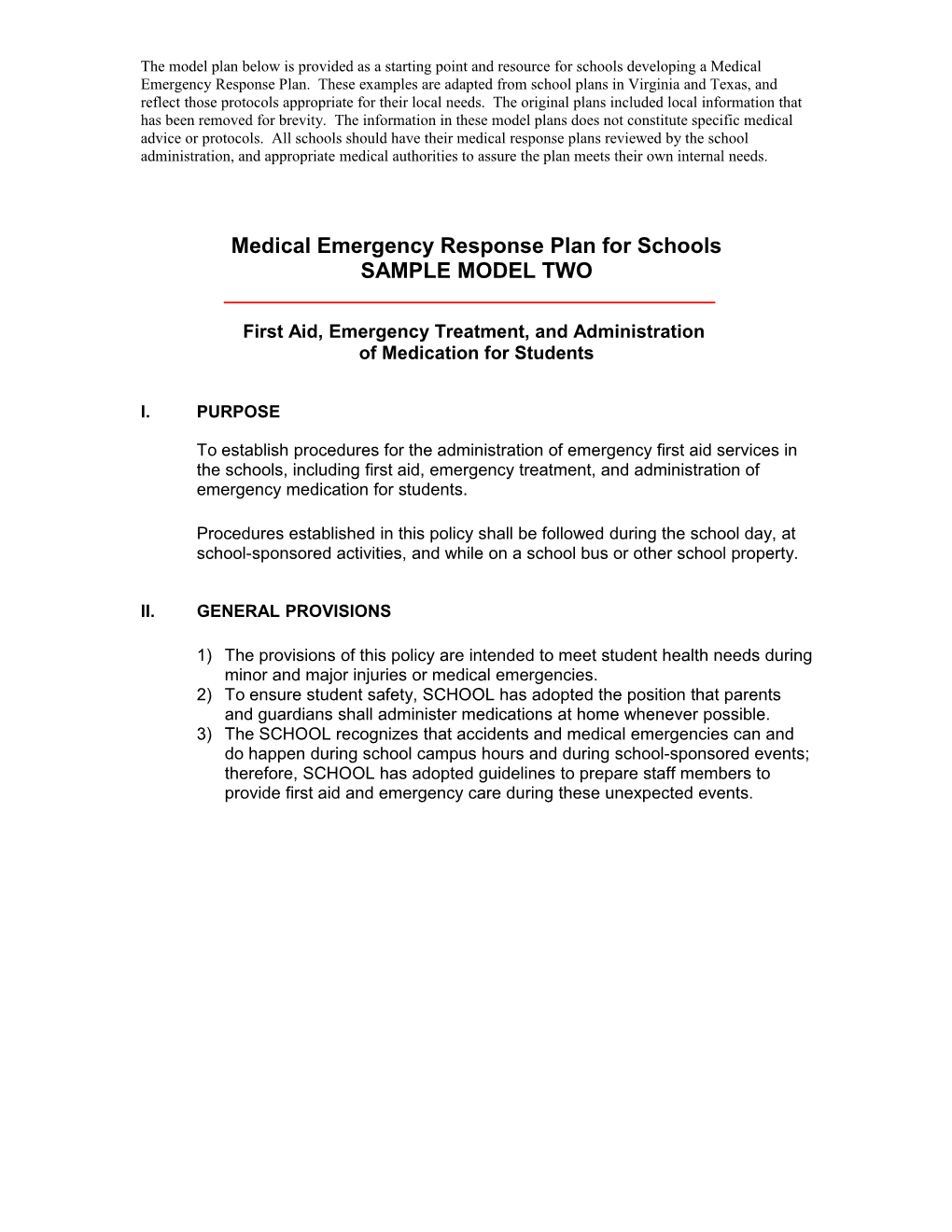 Medical Emergency Response Plan for Schools