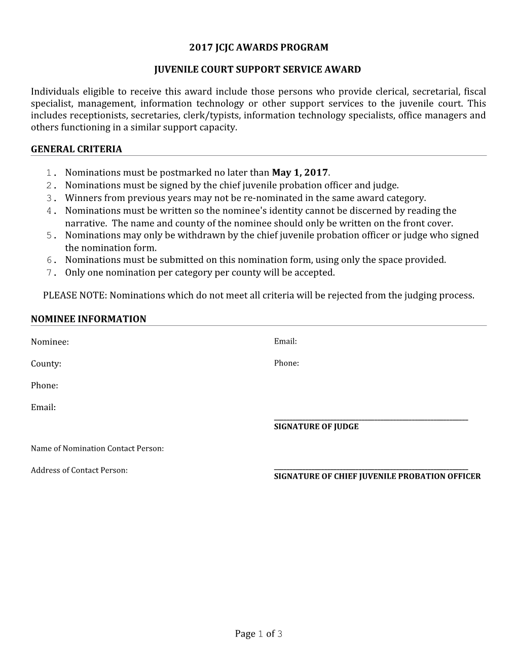 2017 Juvenile Court Support Service Nomination Form