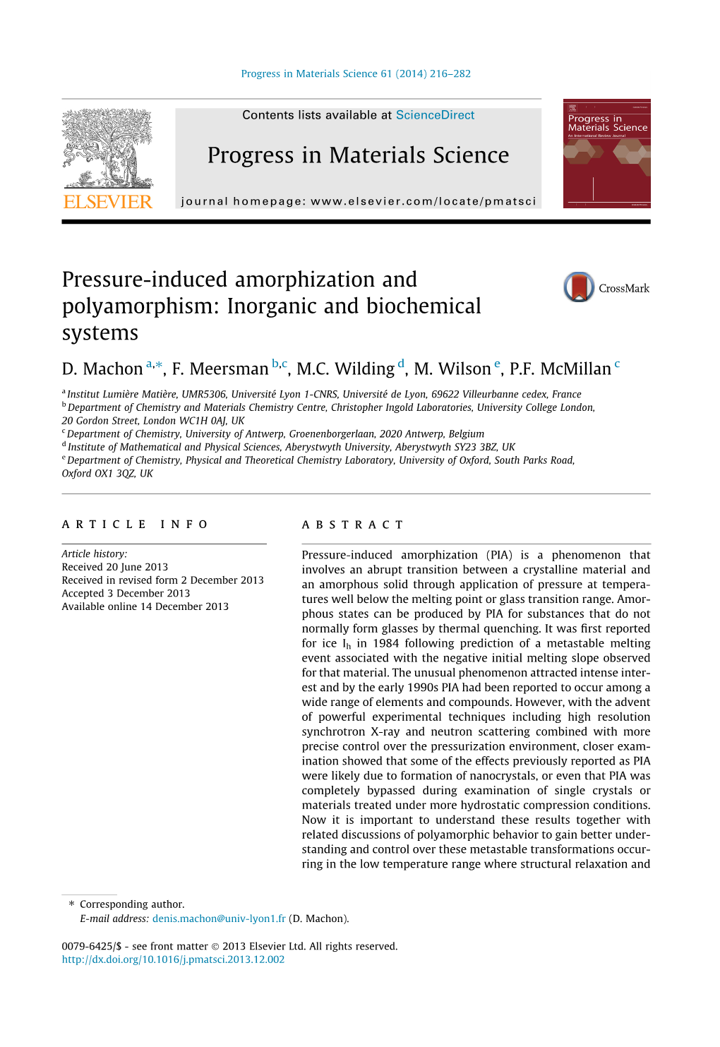 Pressure-Induced Amorphization and Polyamorphism: Inorganic and Biochemical Systems ⇑ D