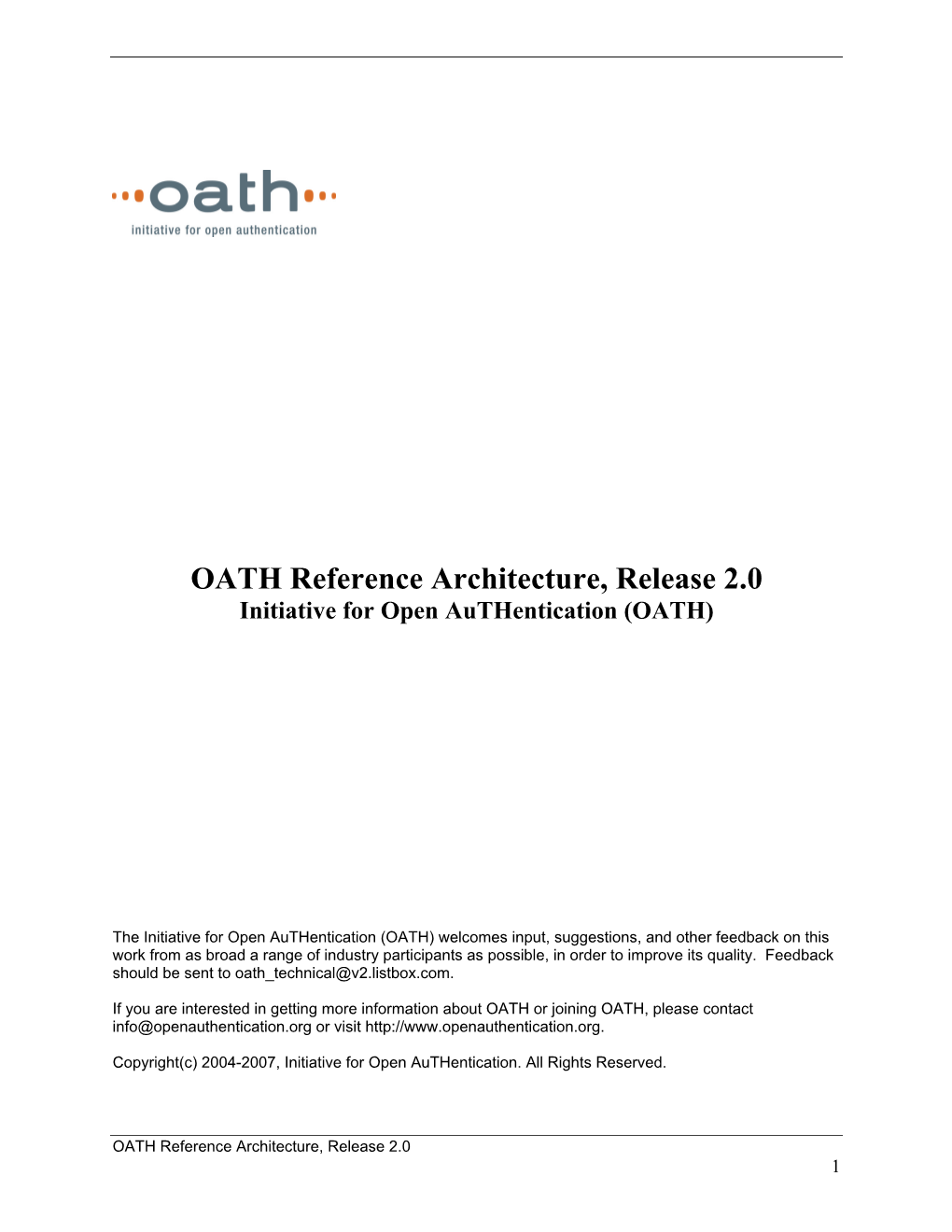 OATH Reference Architecture, Release 2.0 Initiative for Open Authentication (OATH)