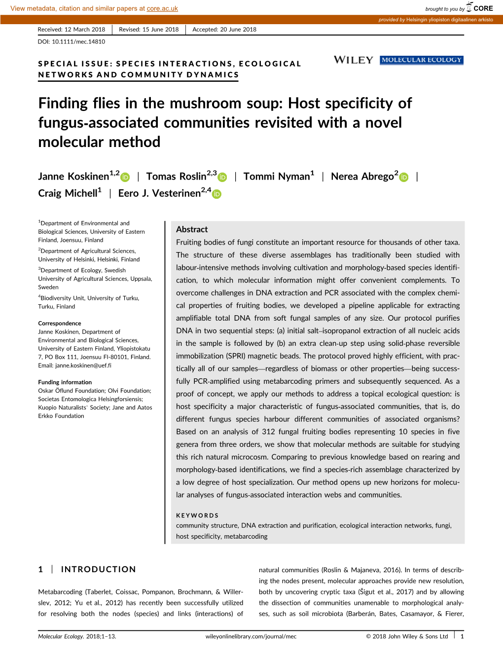 Finding Flies in the Mushroom Soup: Host Specificity of Fungus‐Associated Communities Revisited with a Novel Molecular Method