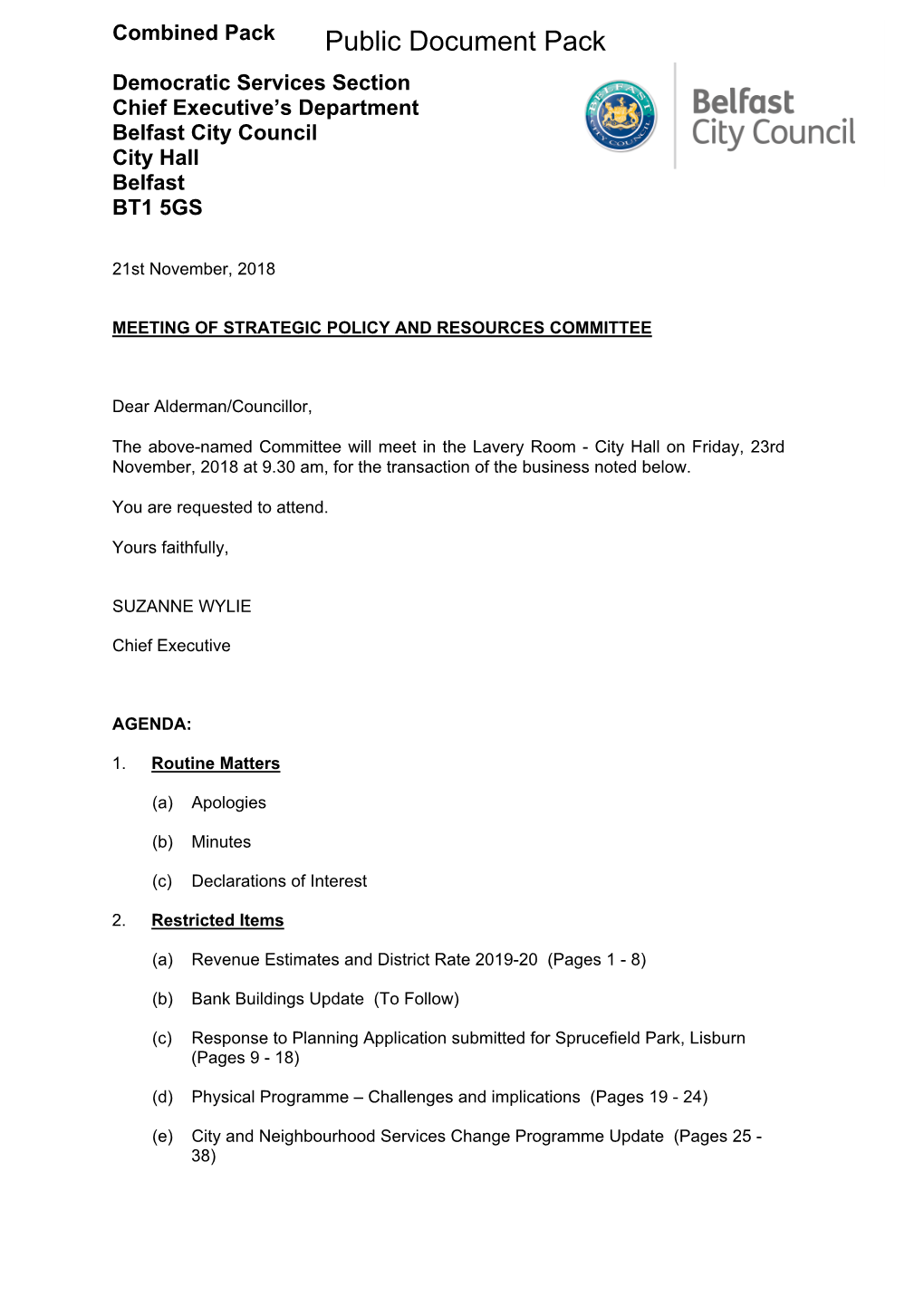 (Public Pack)Combined Pack Agenda Supplement for Strategic Policy and Resources Committee, 23/11/2018 09:30