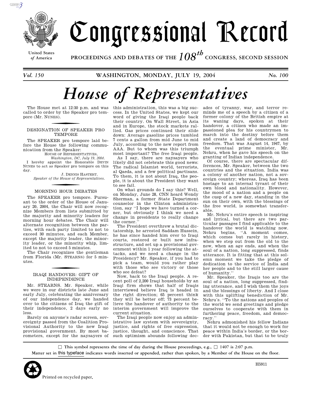 Congressional Record United States Th of America PROCEEDINGS and DEBATES of the 108 CONGRESS, SECOND SESSION