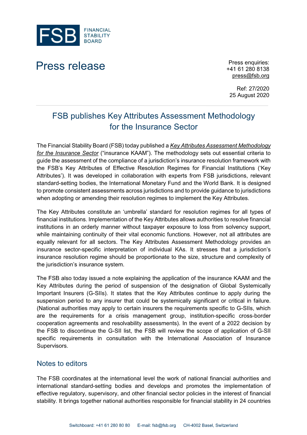 FSB Publishes Key Attributes Assessment Methodology for the Insurance Sector