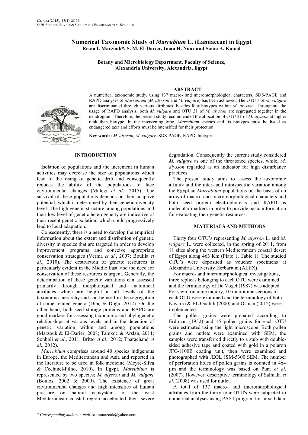 Numerical Taxonomic Study of Marrubium L. (Lamiaceae) in Egypt Ream I