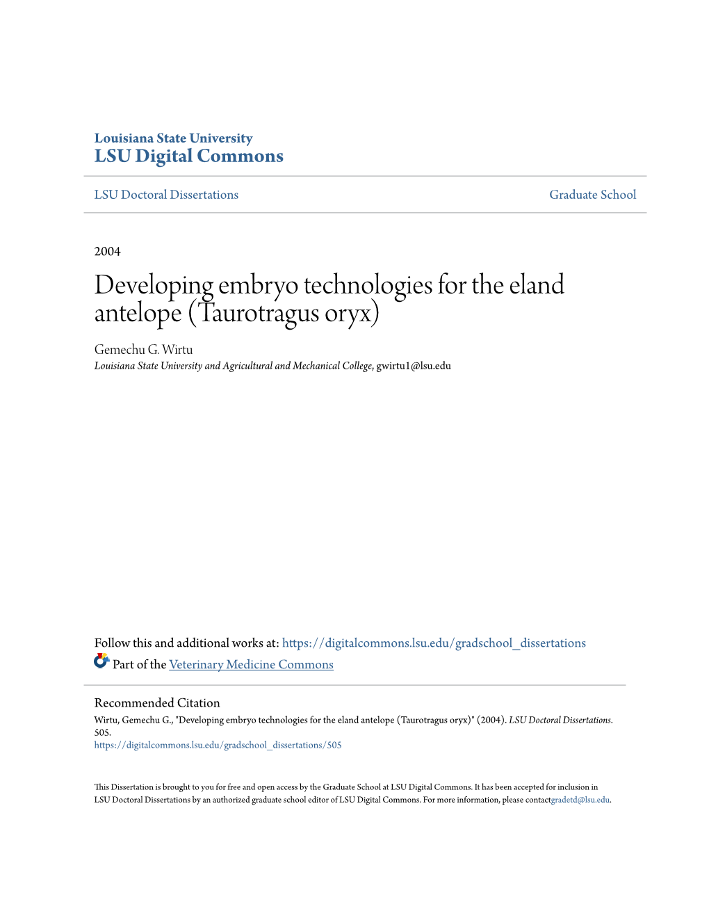 Developing Embryo Technologies for the Eland Antelope (Taurotragus Oryx) Gemechu G