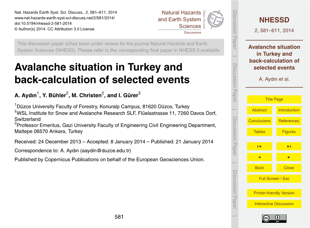 Avalanche Situation in Turkey and Back-Calculation of Selected Events