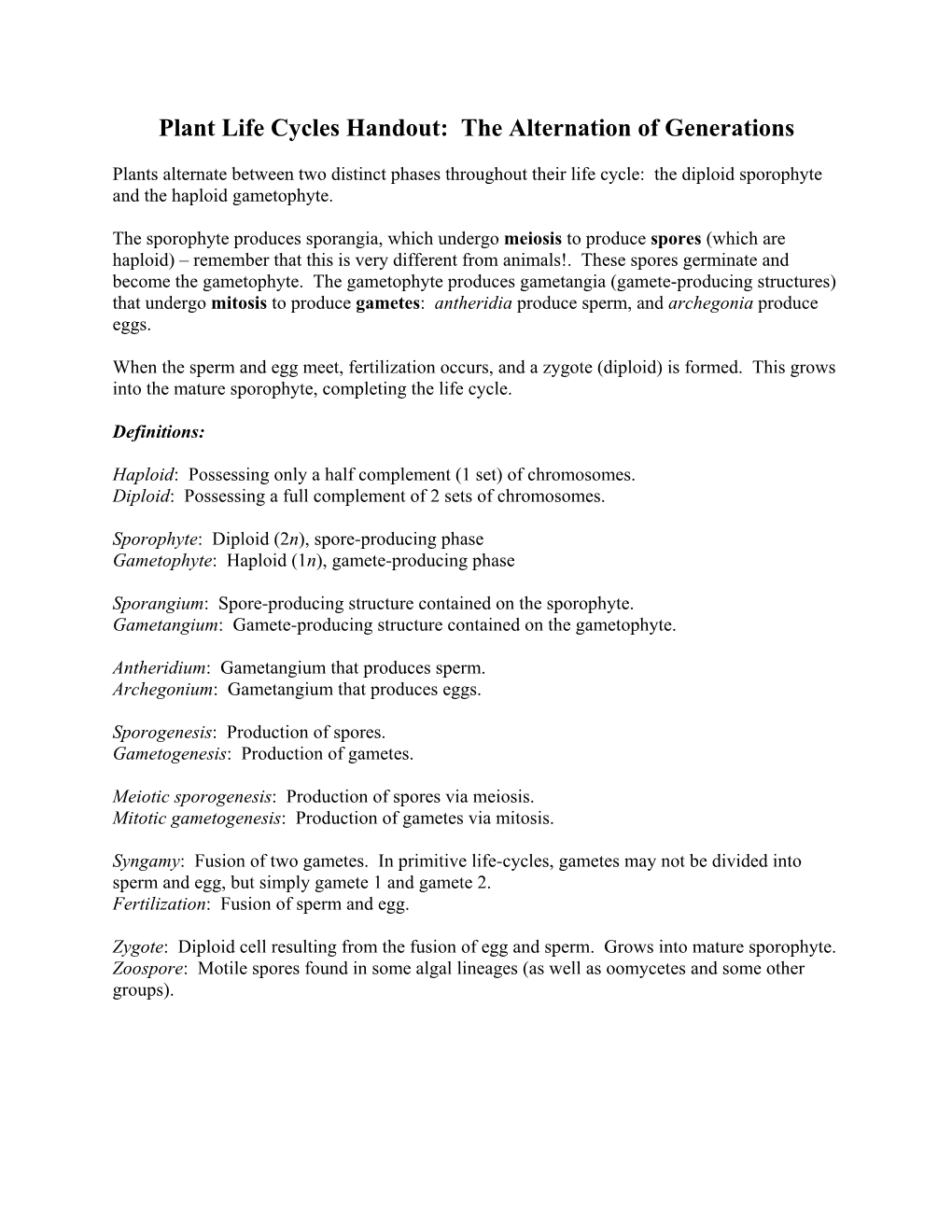 Plant Life Cycles Handout: the Alternation of Generations