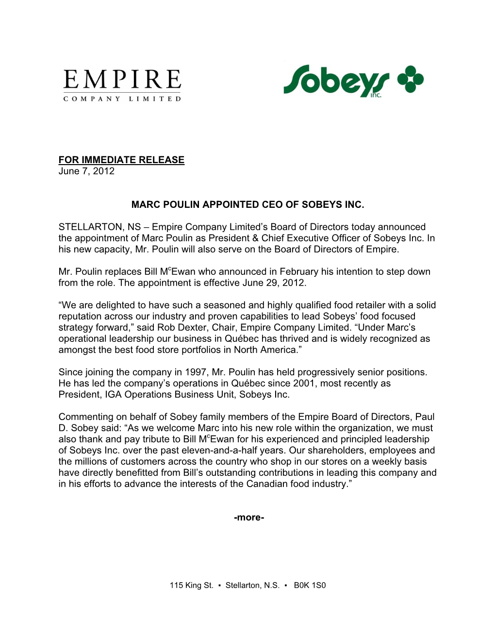 Marc Poulin Appointed Ceo of Sobeys Inc