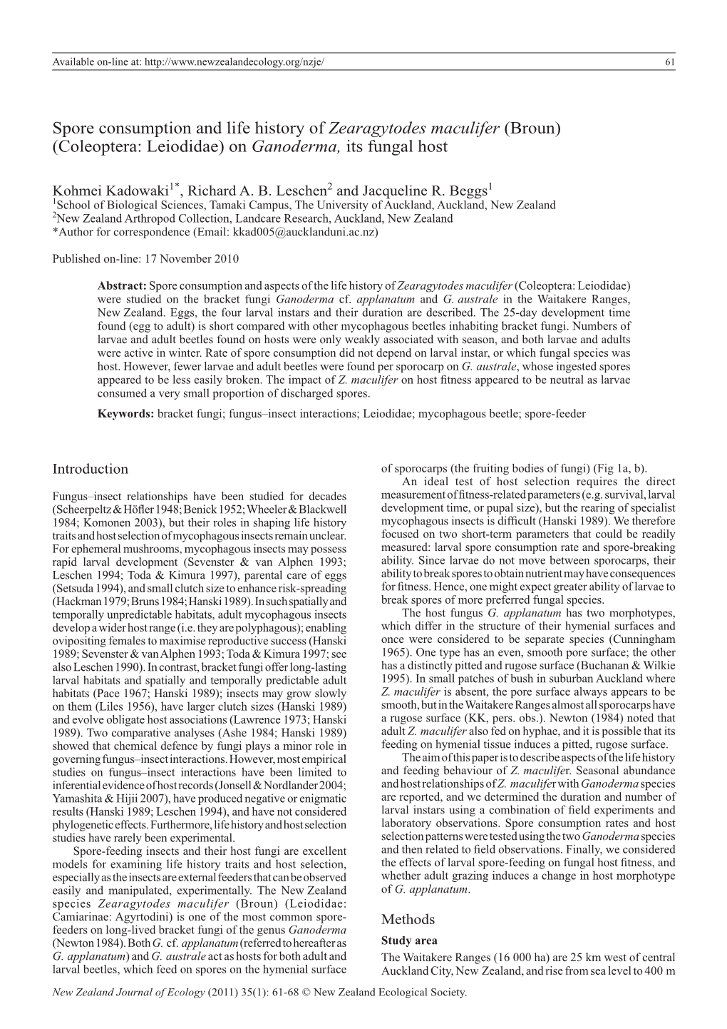 Spore Consumption and Life History of Zearagytodes Maculifer (Broun) (Coleoptera: Leiodidae) on Ganoderma, Its Fungal Host