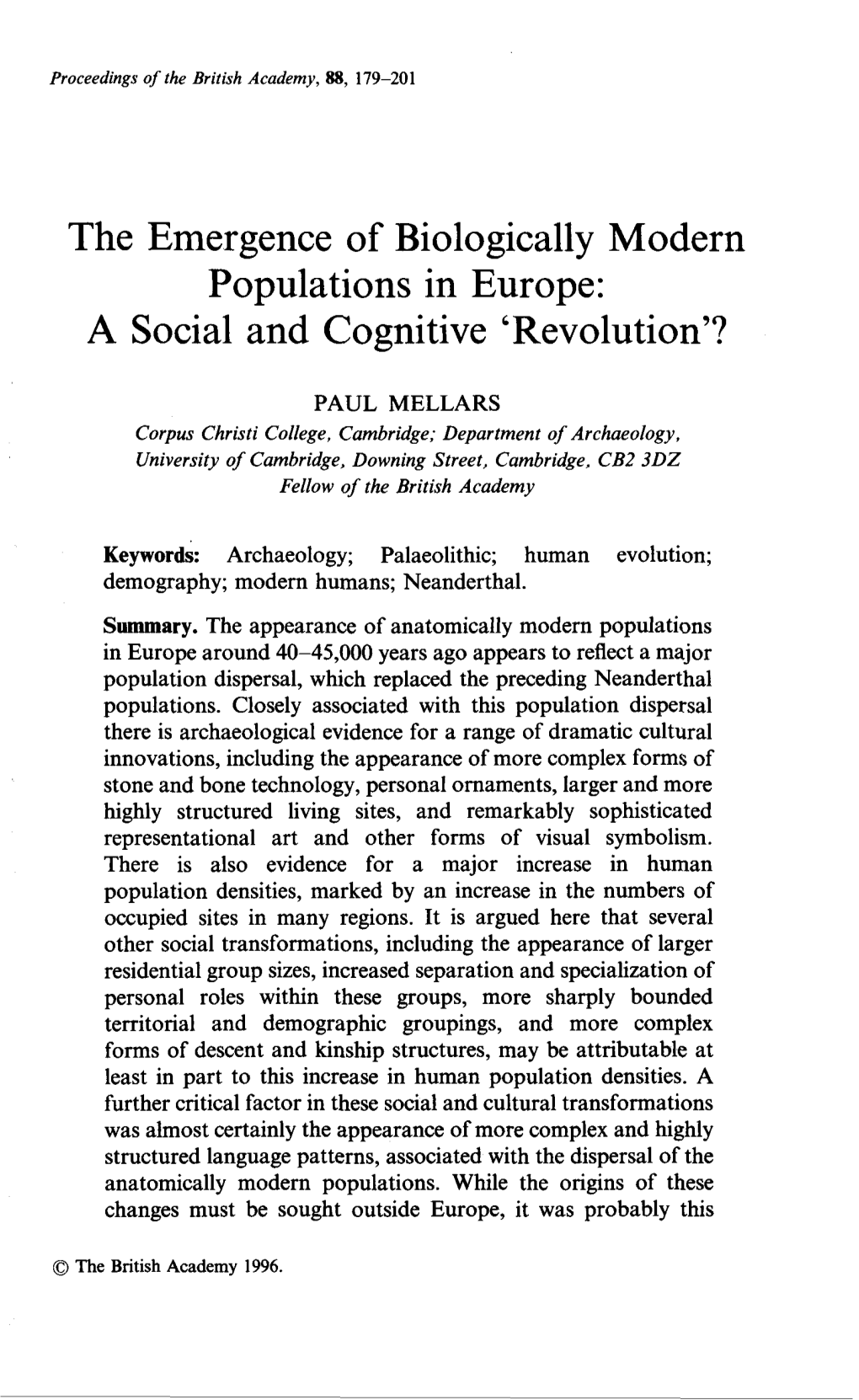 The Emergence of Biologically Modern Populations in Europe: a Social and Cognitive ‘Revolution’?