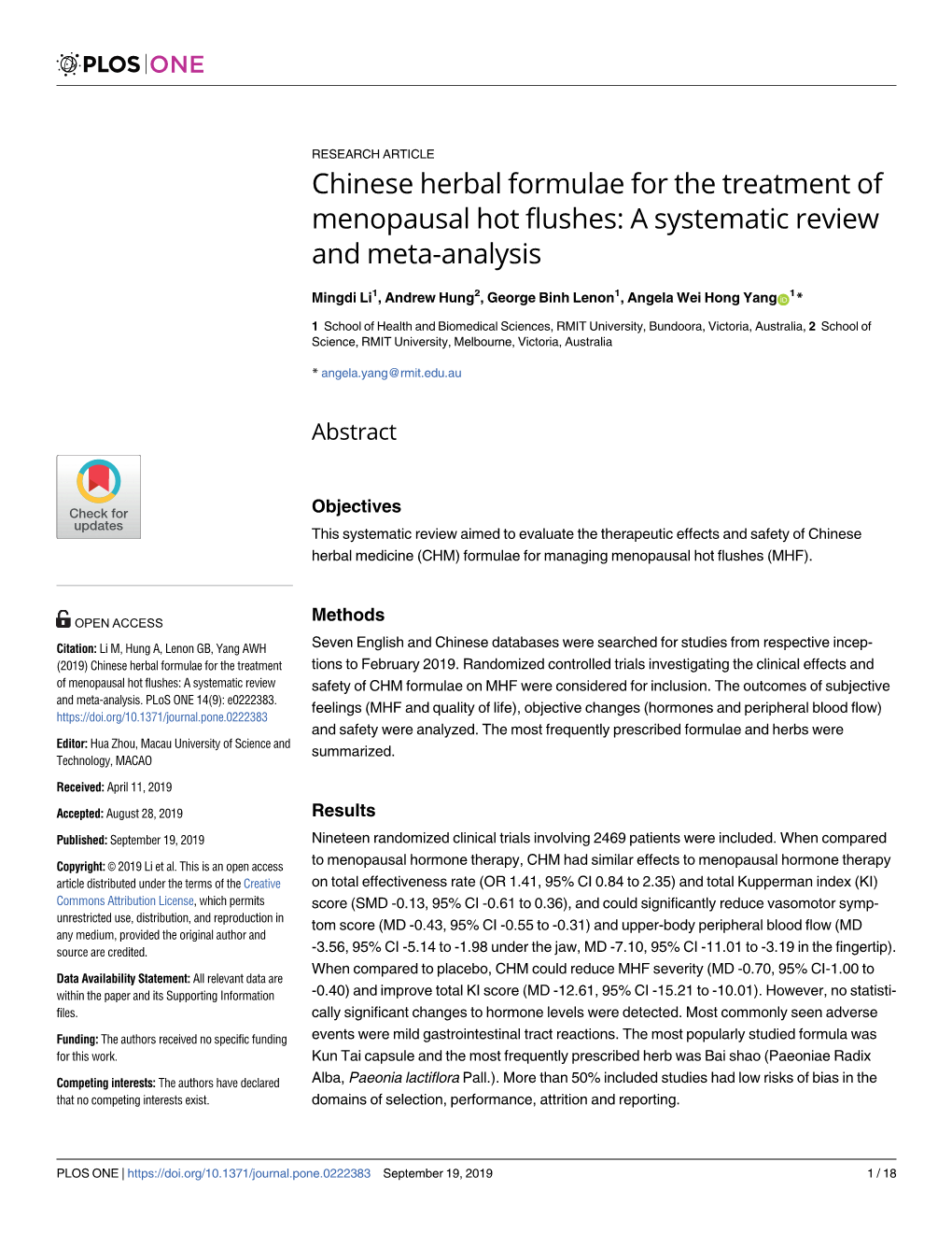 Chinese Herbal Formulae for the Treatment of Menopausal Hot Flushes: a Systematic Review and Meta-Analysis
