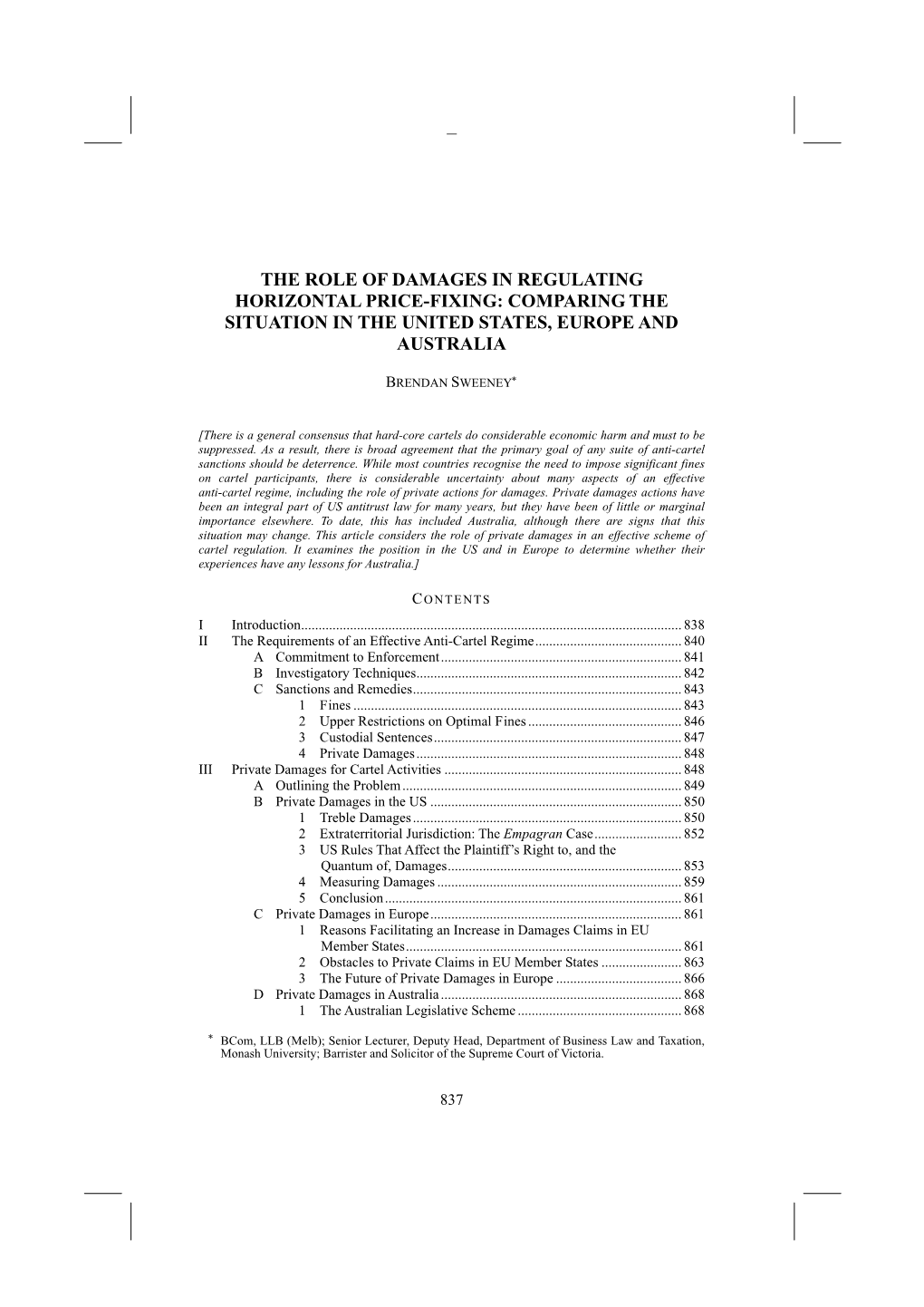 The Role of Damages in Regulating Horizontal Price-Fixing: Comparing the Situation in the United States, Europe and Australia