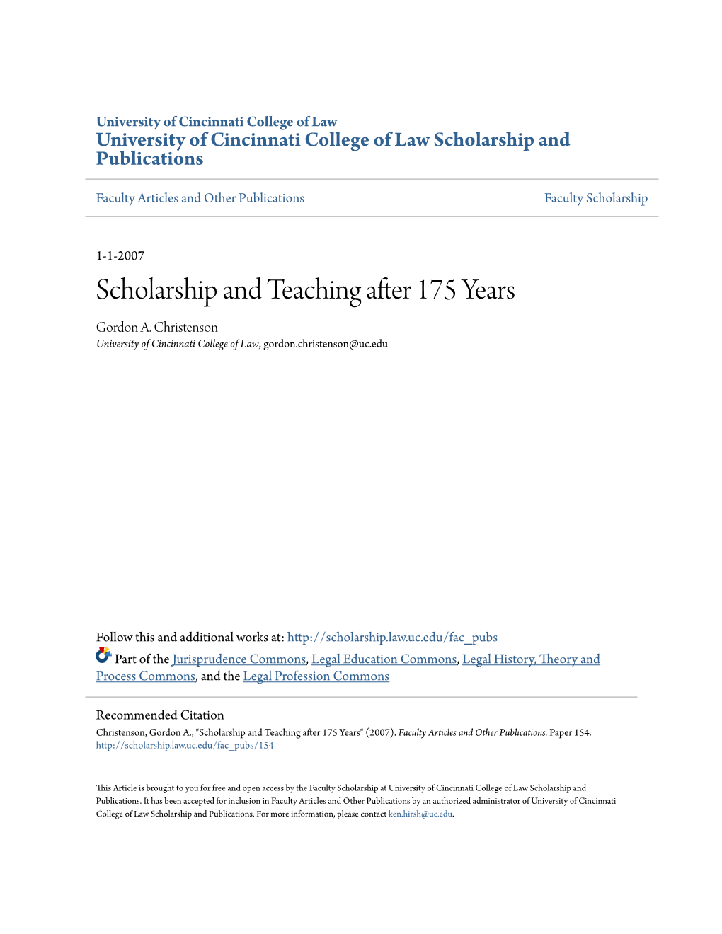 Scholarship and Teaching After 175 Years Gordon A