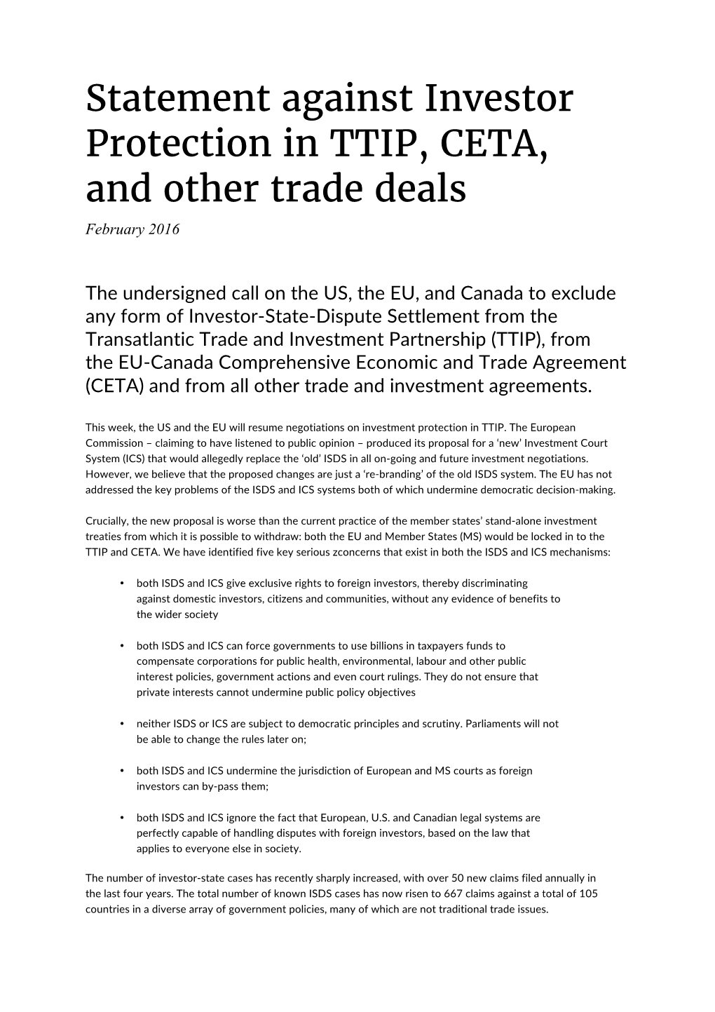 Statement Against Investor Protection in TTIP, CETA, and Other Trade Deals