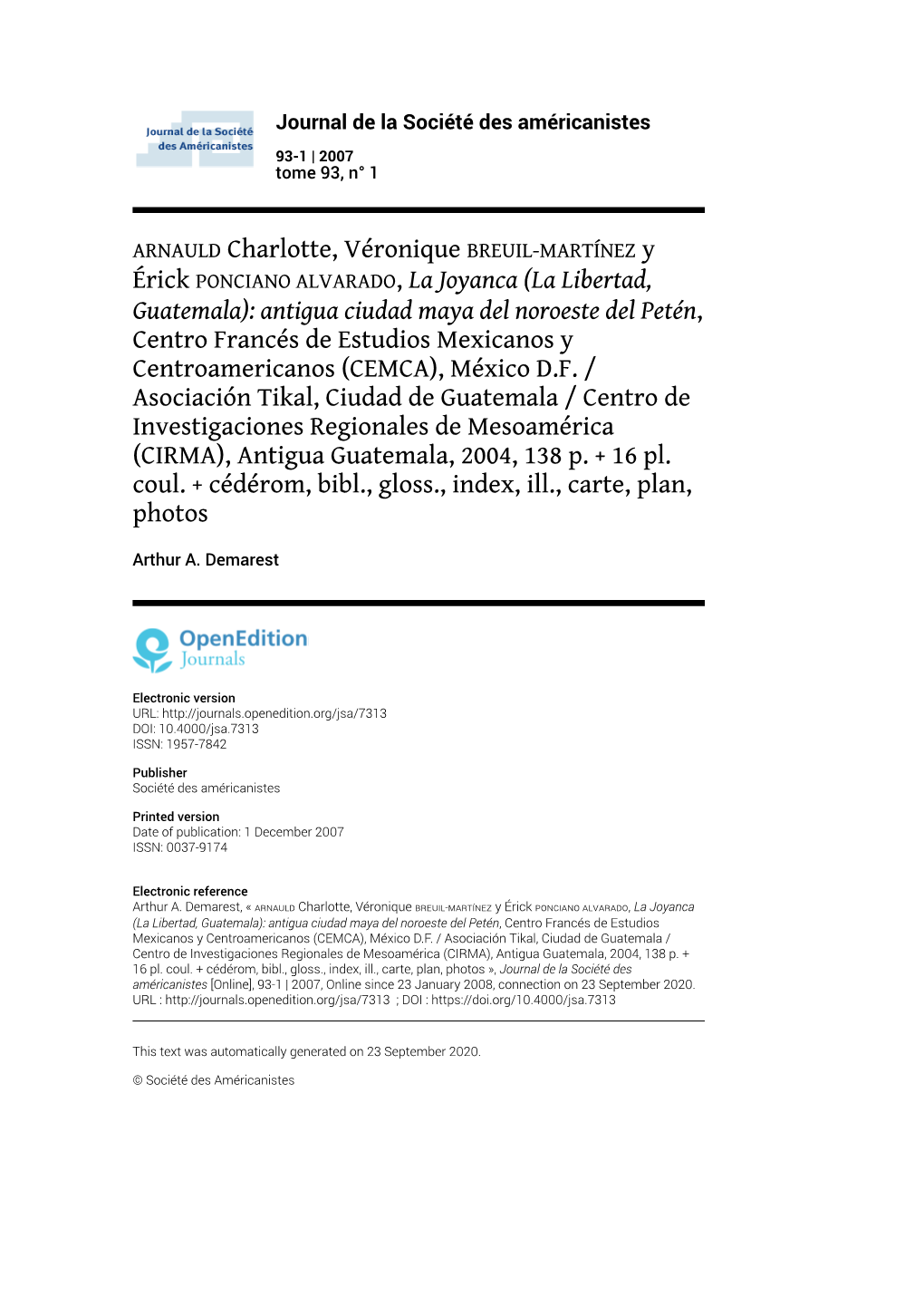 Journal De La Société Des Américanistes, 93-1 | 2007 Arnauld Charlotte, Véronique Breuil-Martínez Y Érick Ponciano Alvarado, La Jo