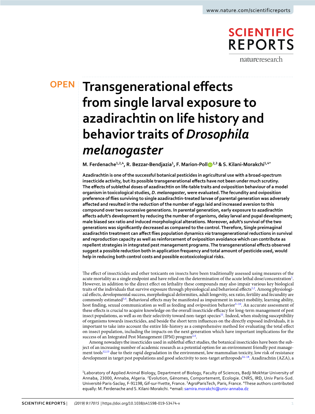 Transgenerational Effects from Single Larval Exposure to Azadirachtin On