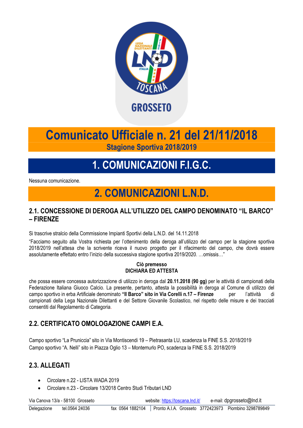 Comunicato Ufficiale N. 21 Del 21/11/2018 Stagione Sportiva 2018/2019