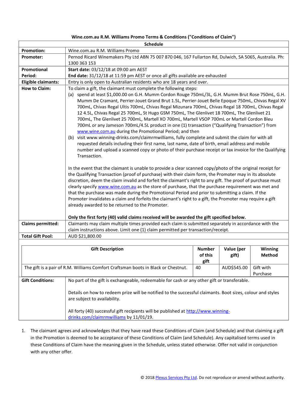 ("Conditions of Claim") Schedule Promotion: Wine.Com.Au RM Wi