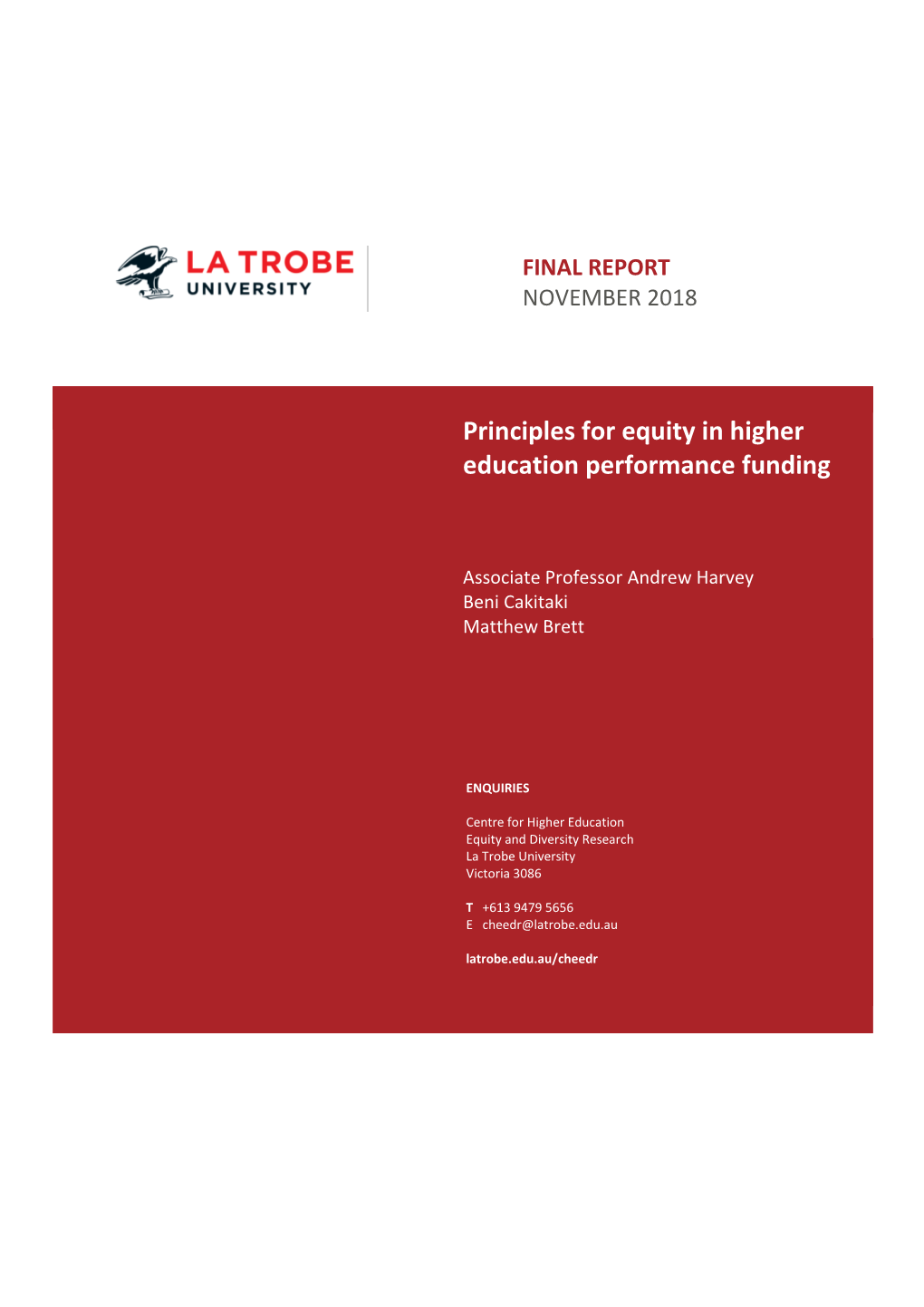 Principles for Equity in Higher Education Performance Funding