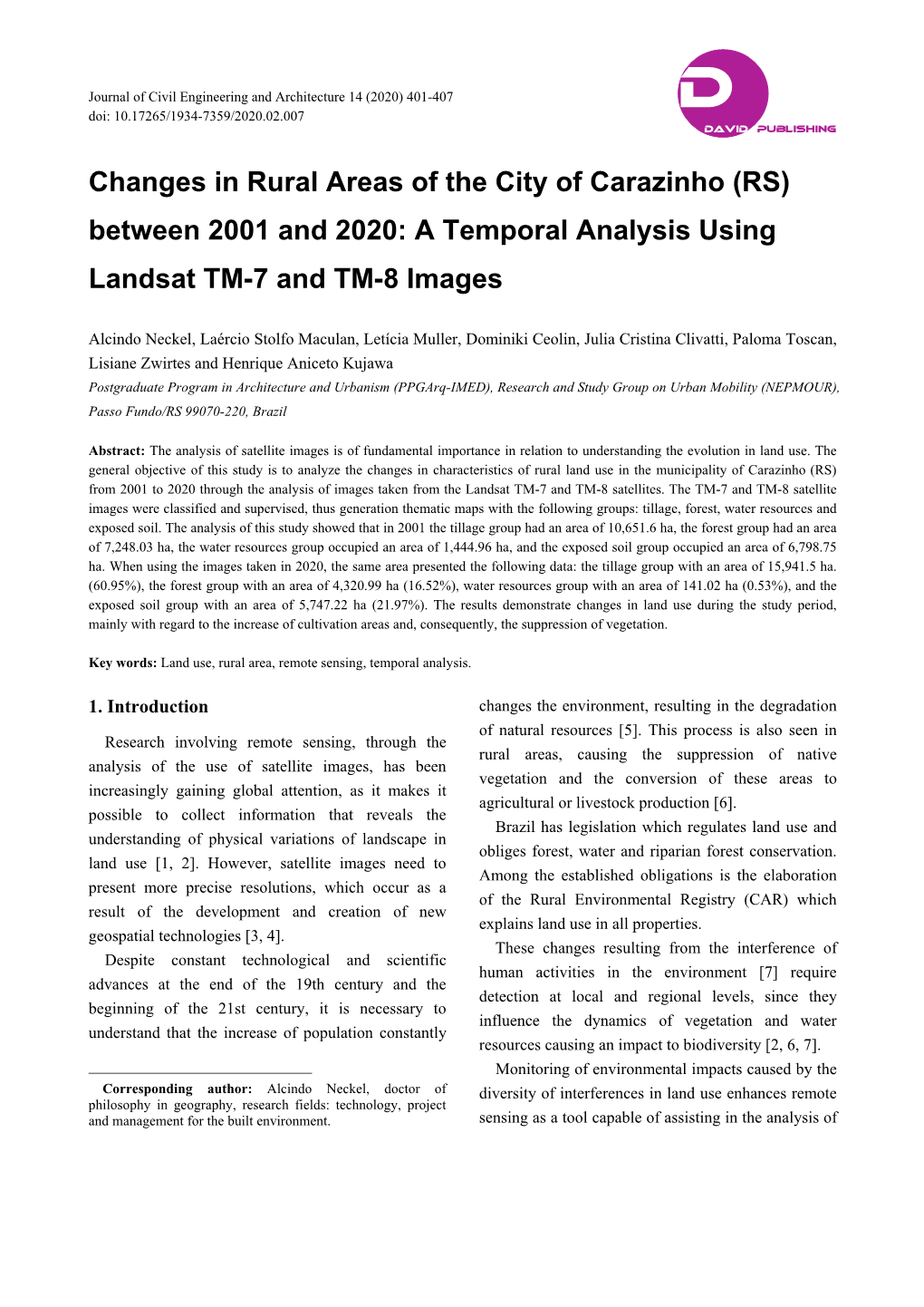 Changes in Rural Areas of the City of Carazinho (RS) Between 2001 and 2020: a Temporal Analysis Using Landsat TM-7 and TM-8 Images