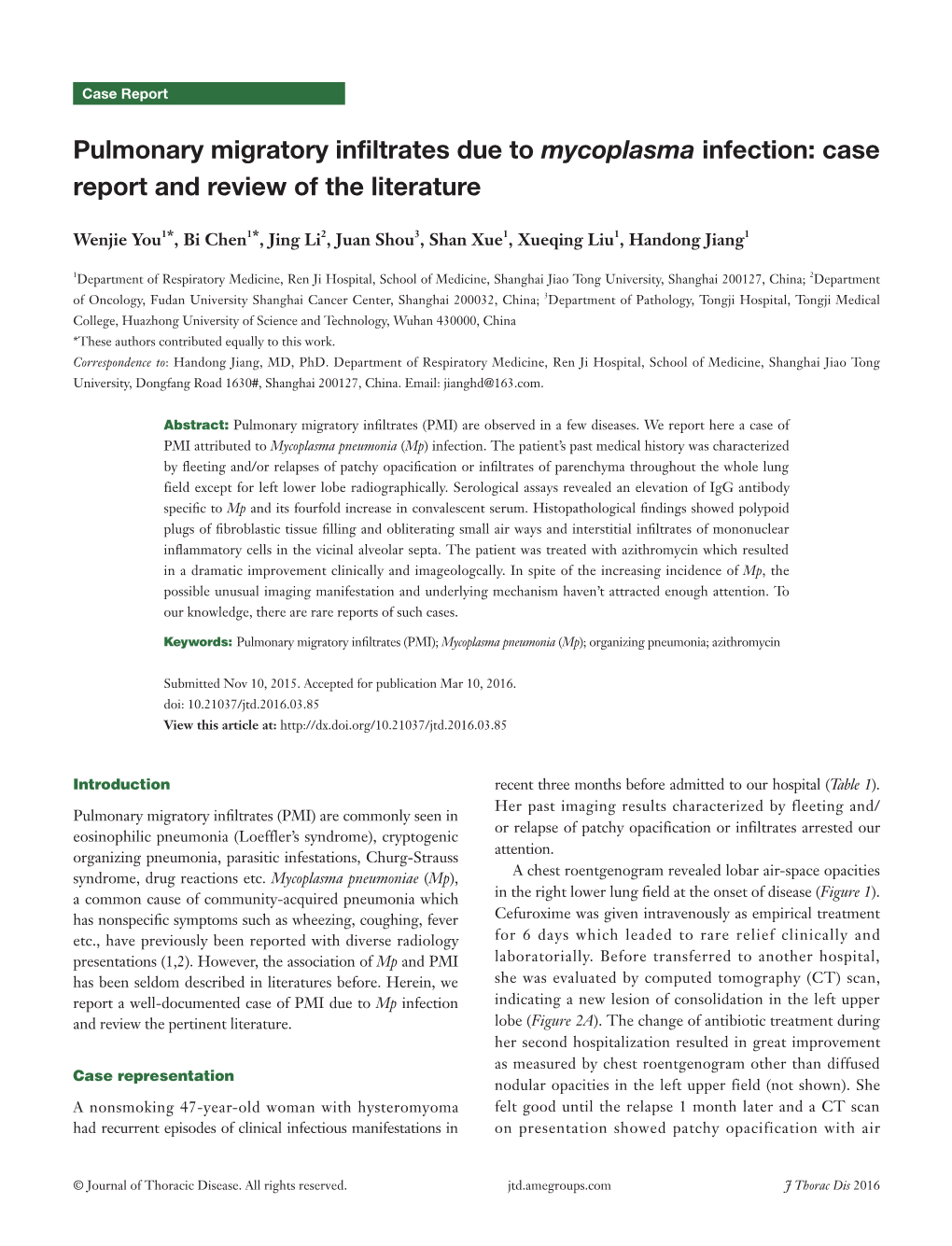 Pulmonary Migratory Infiltrates Due to Mycoplasma Infection: Case Report and Review of the Literature