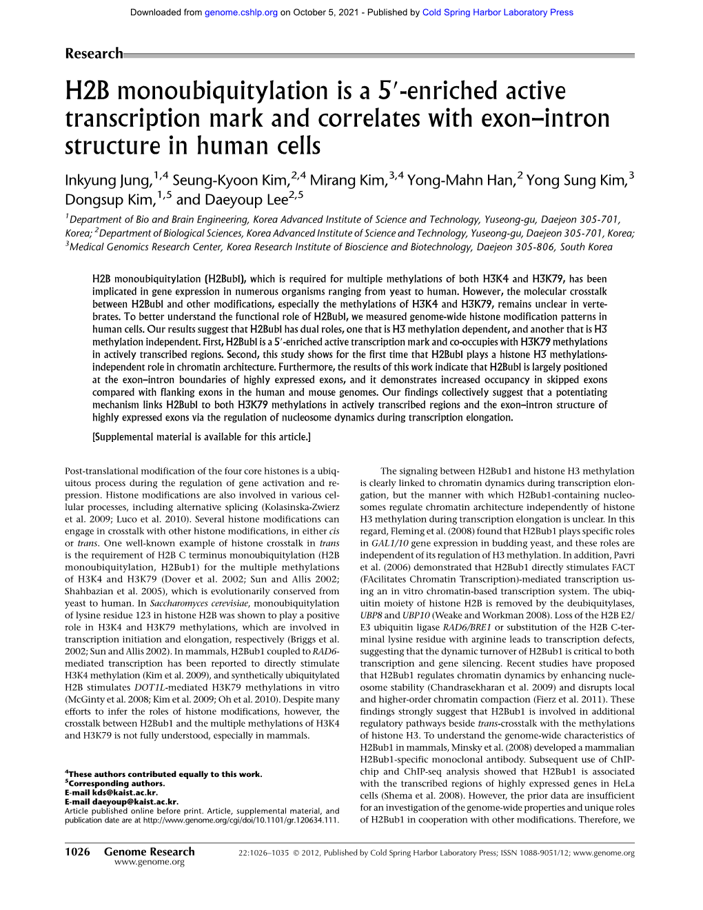 H2B Monoubiquitylation Is a 59-Enriched Active Transcription Mark and Correlates with Exon–Intron Structure in Human Cells