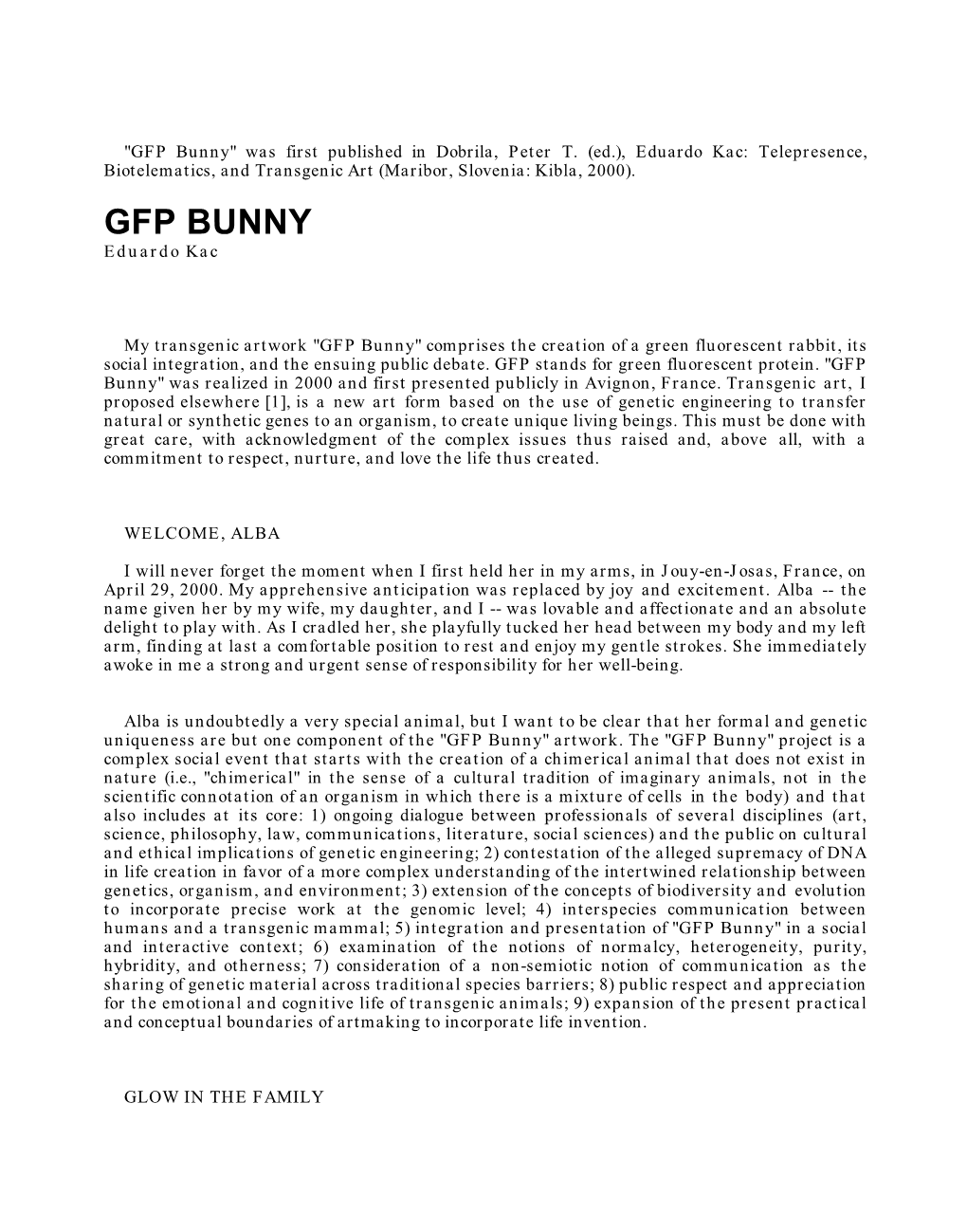 GFP Bunny" Was First Published in Dobrila, Peter T