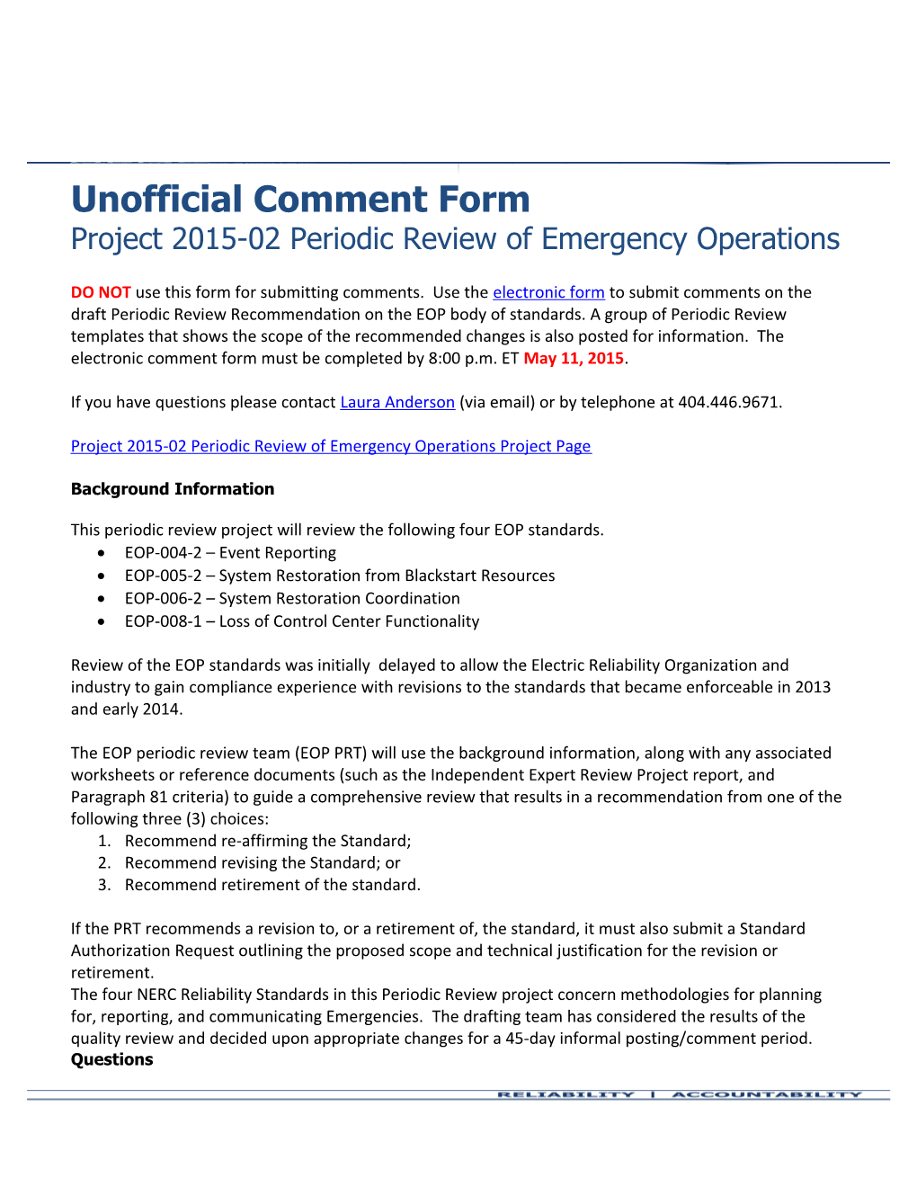 NERC Unofficial Comment Form (SAR)