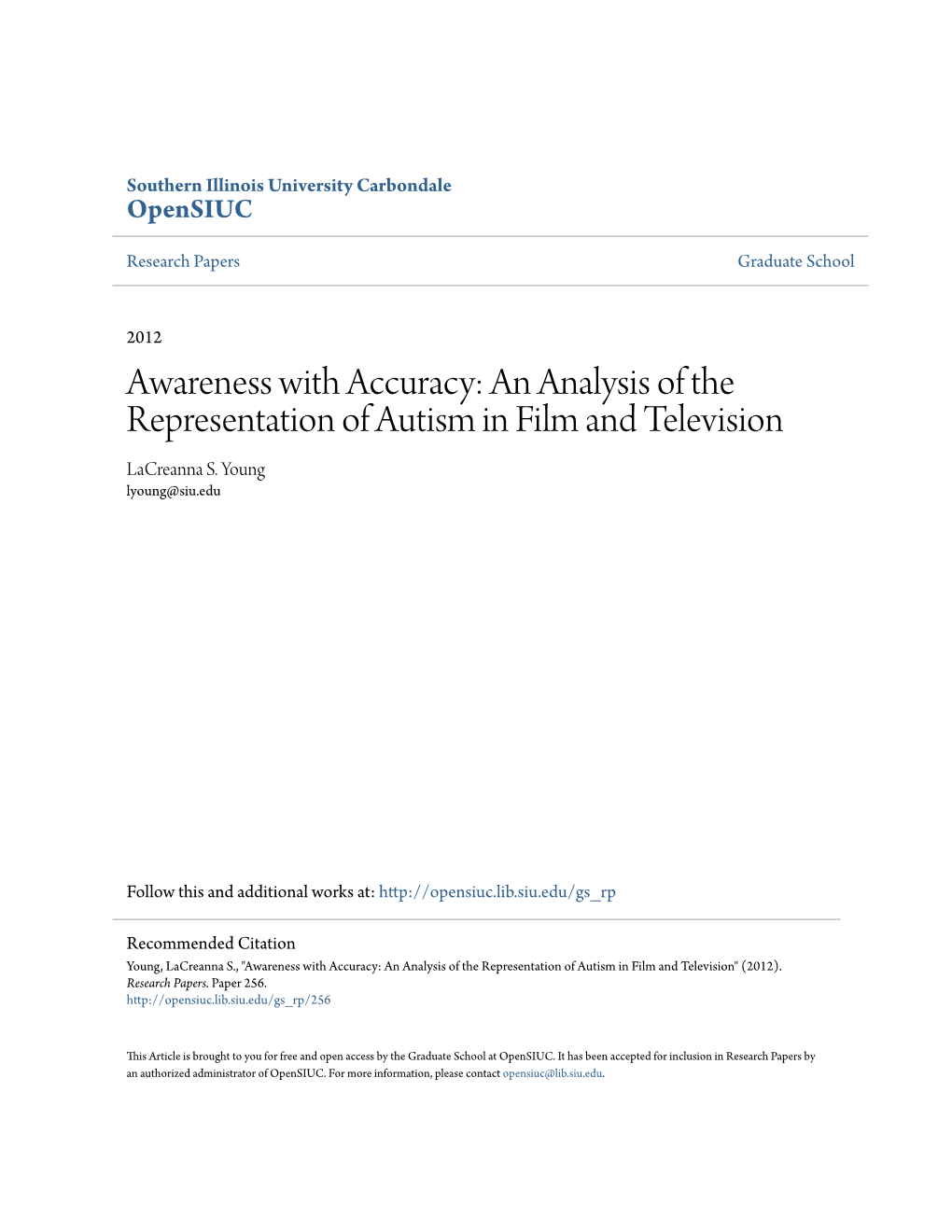 An Analysis of the Representation of Autism in Film and Television Lacreanna S